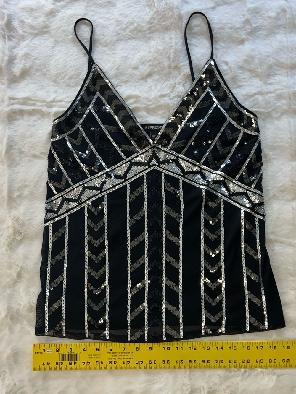 Express Black Sequin Geometric V-Neck Cami
